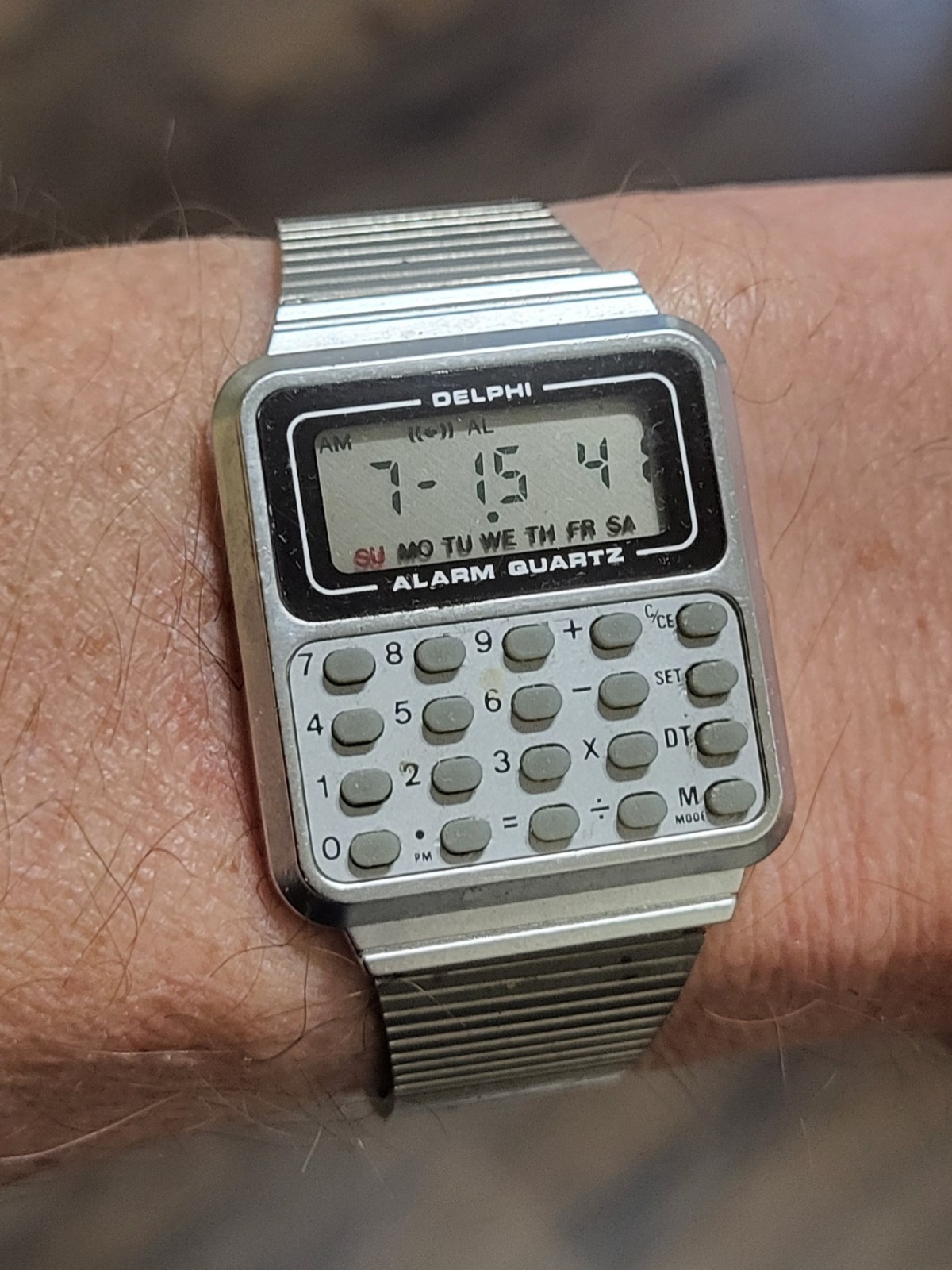 Vtg Delphi Calculator Watch Men 33mm Silver Tone Digital Adj Band New Battery