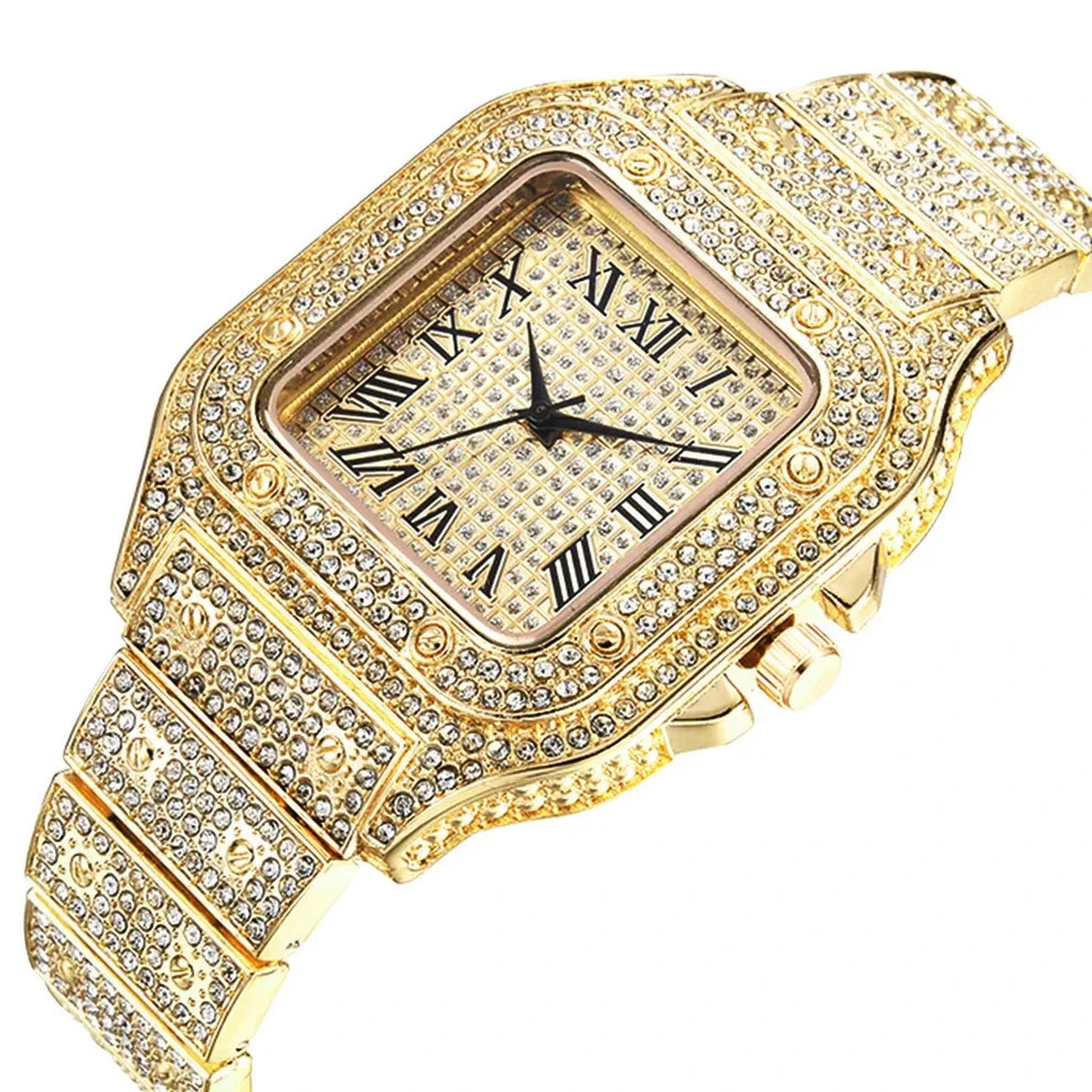 Iced Out Rhinestone Studded Watch Stainless Steel Strap Alloy Case Luxury Watch