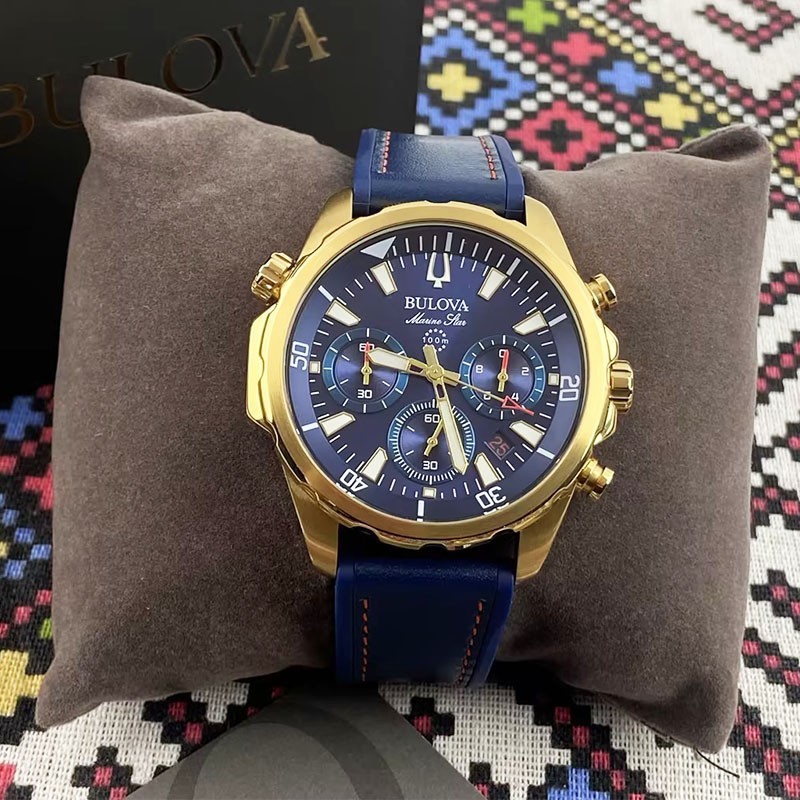 Bulova Men’s 97B168 Blue Dial Rubber Strap New Chronograph Quartz Watch 43mm
