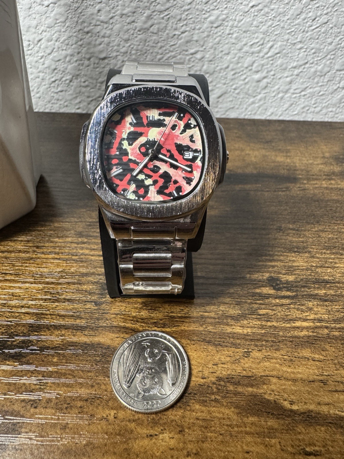 Custom Metal Mod Hand Painted Dial Abstract Red/Glow Yellow Watch