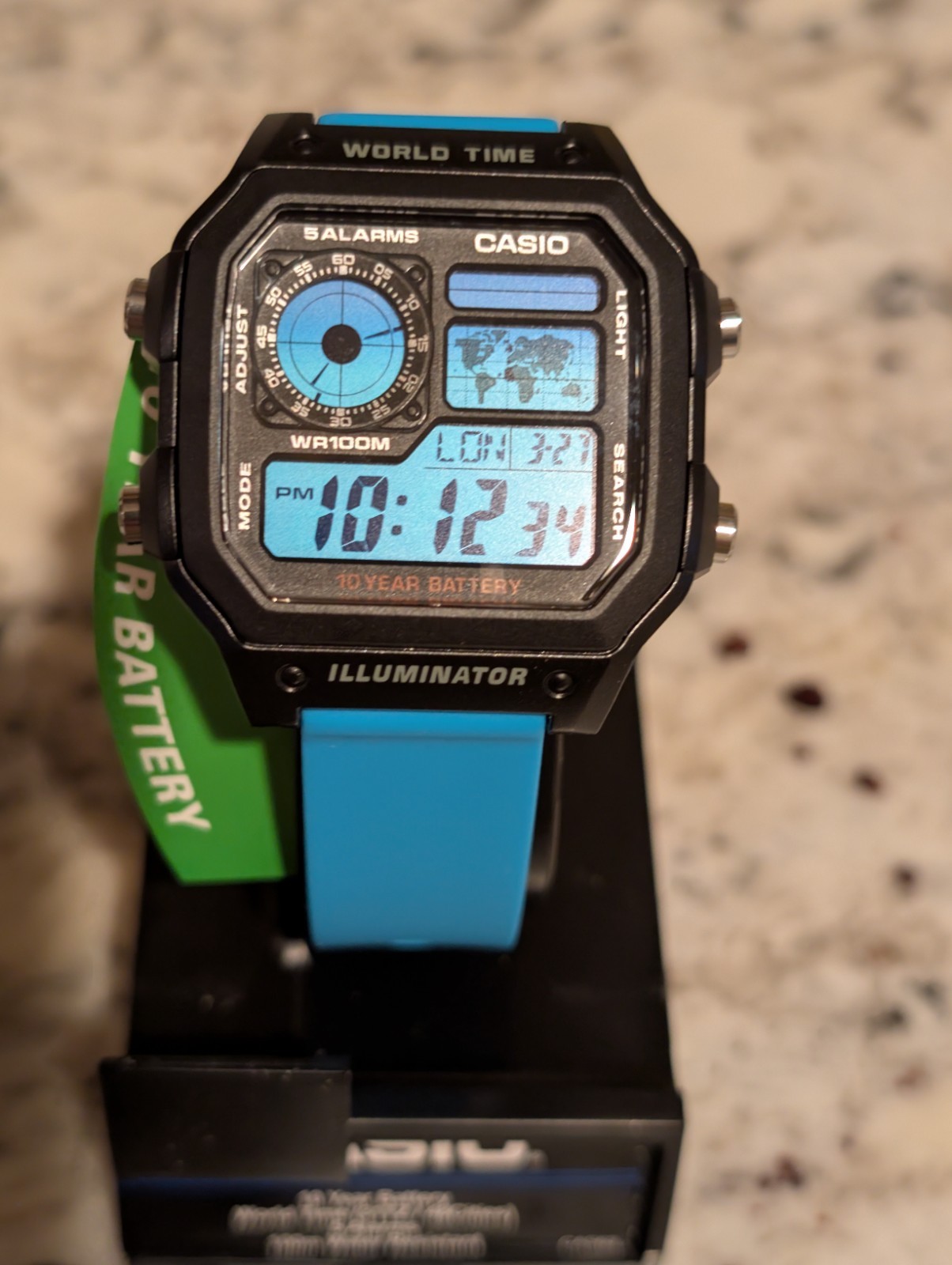 Blue Fusion Mod CASIO AE-1200 Black World Time Watch Bright blue Silicone band