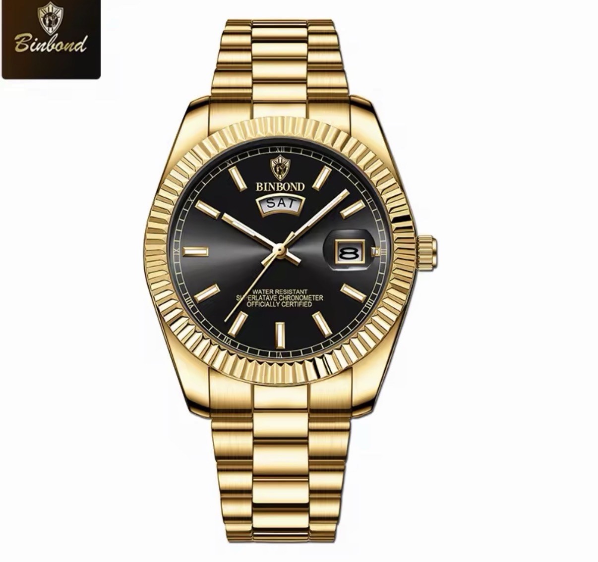 Men’s Watches BINBOND luxury Watch Gold Stainless Steel, Day-Date Quartz-6 Color
