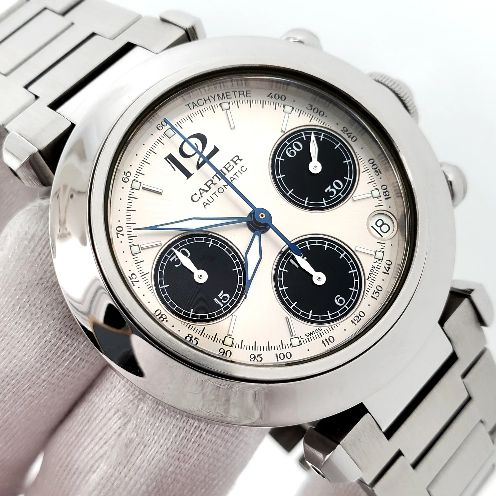 Cartier Pasha C 36mm Silver Panda Dial Chronograph Steel 2412 W31048M7 Watch