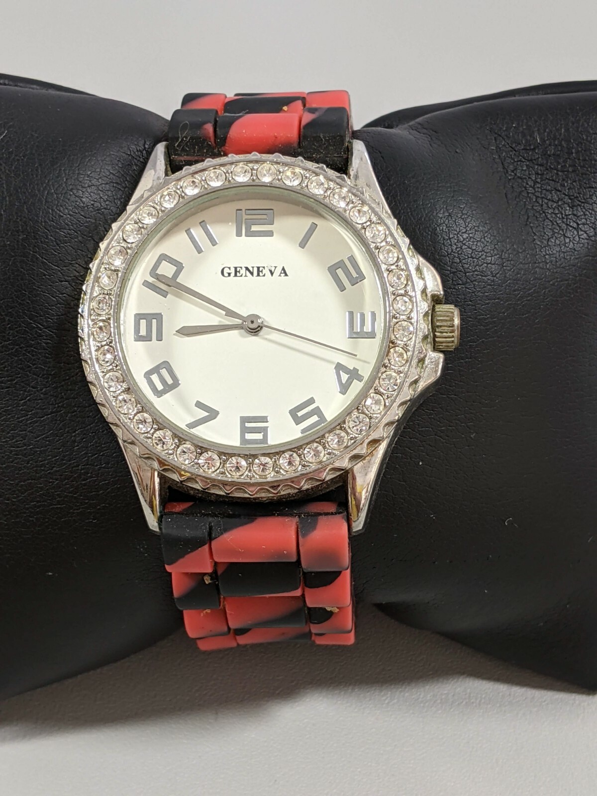 Geneva Silver Tone Crystal Bezel Red Black Rubber Band Watch 9 Inch