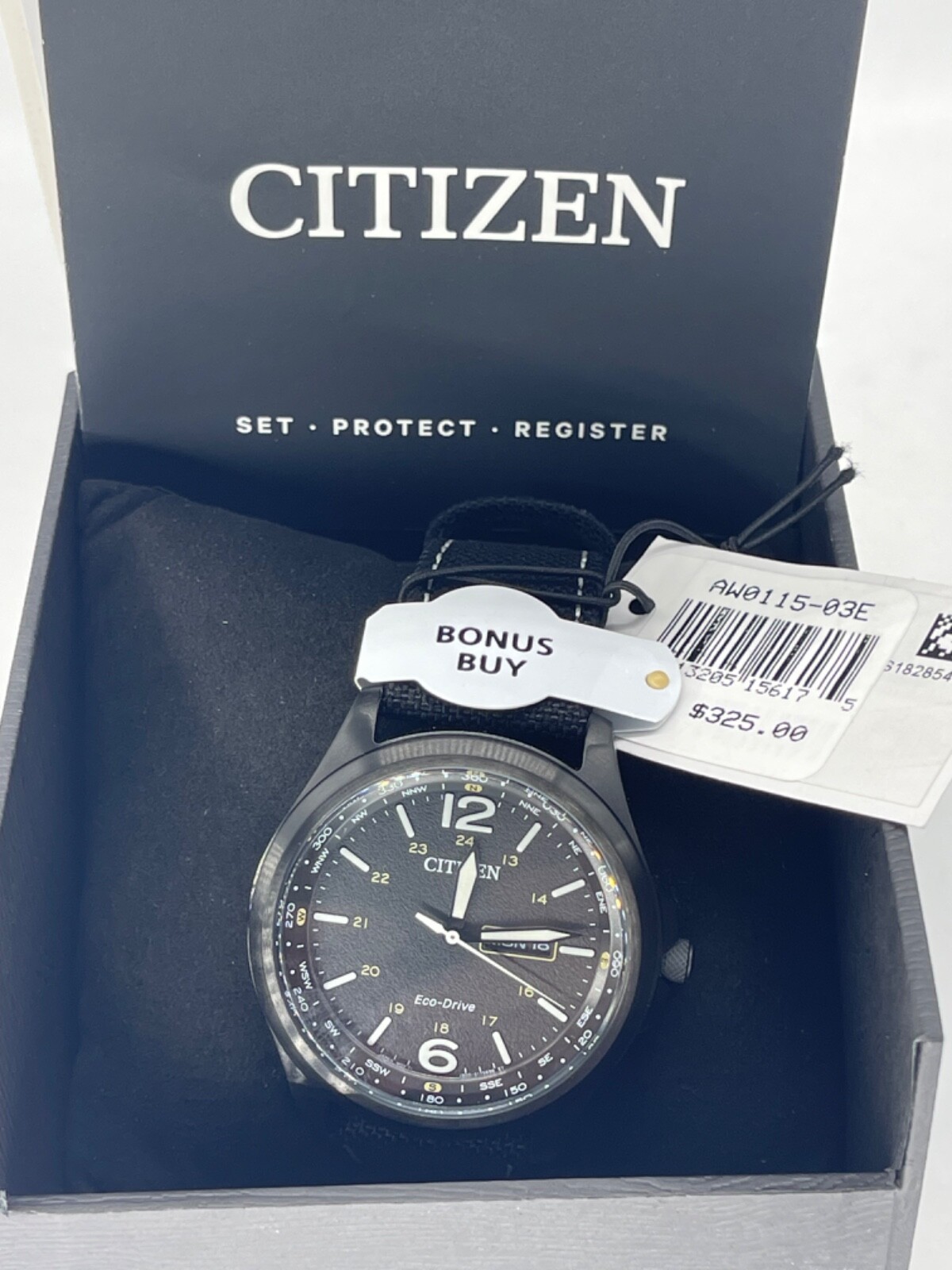 $325 CITIZEN Eco-Drive CLASSIC GLOW Luminous black rugged military-inspire SPORT