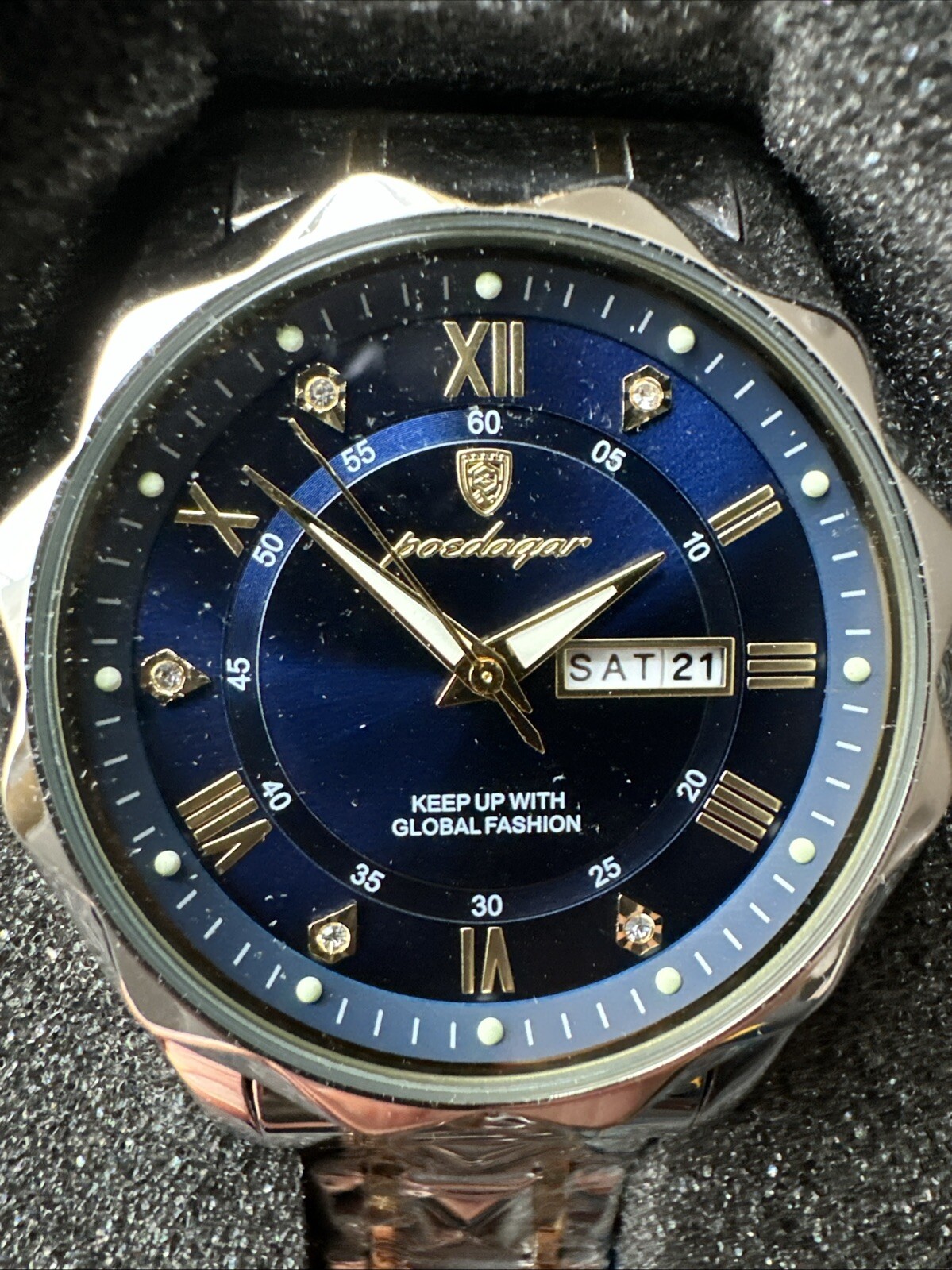 POEDAGAR Mens Luxury Watch Day Of Week & Month Water Resistant Stainless NEW