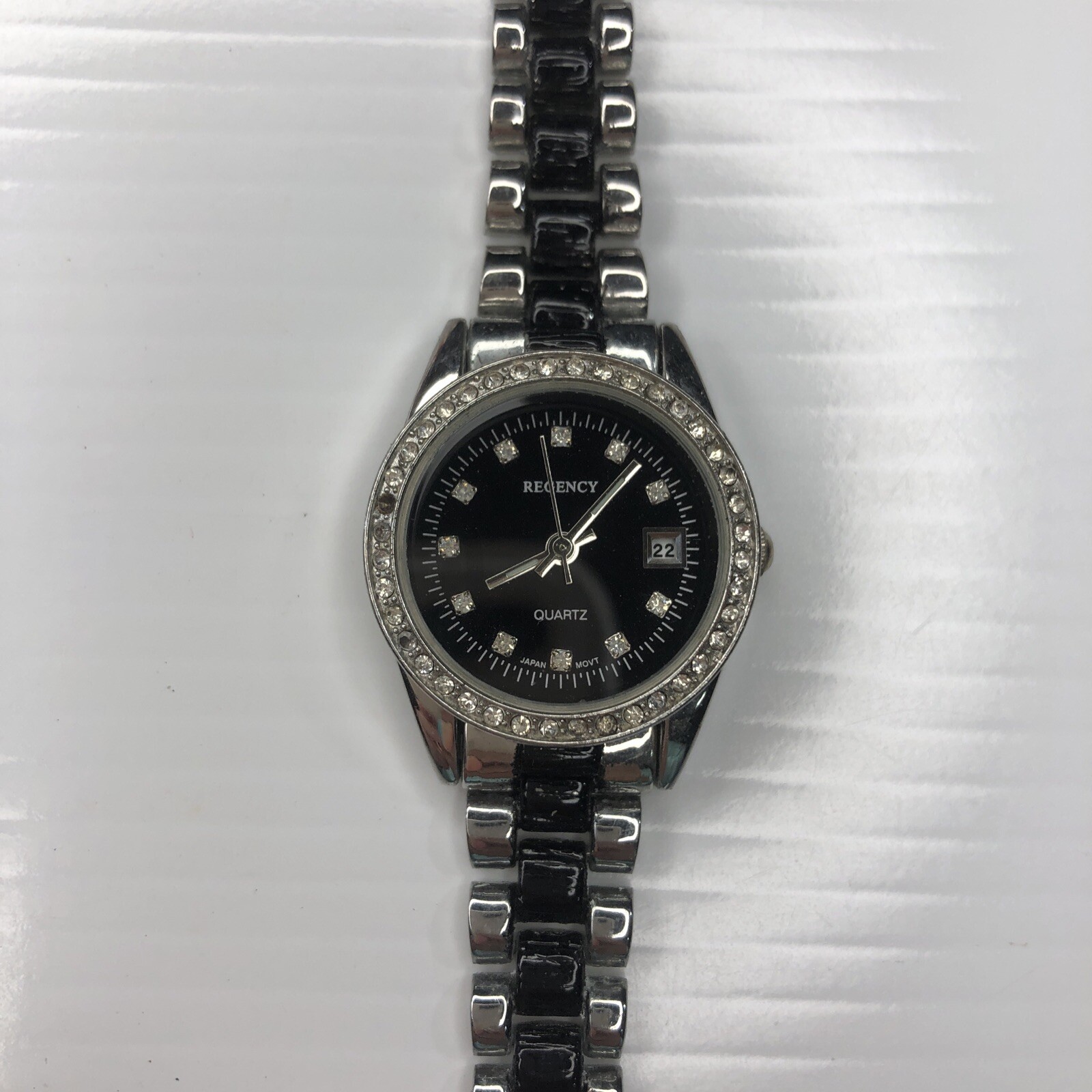 X11 REGENCY Black Enamel Silver Crystals Chrono Retro 166164 Untested 7.25in