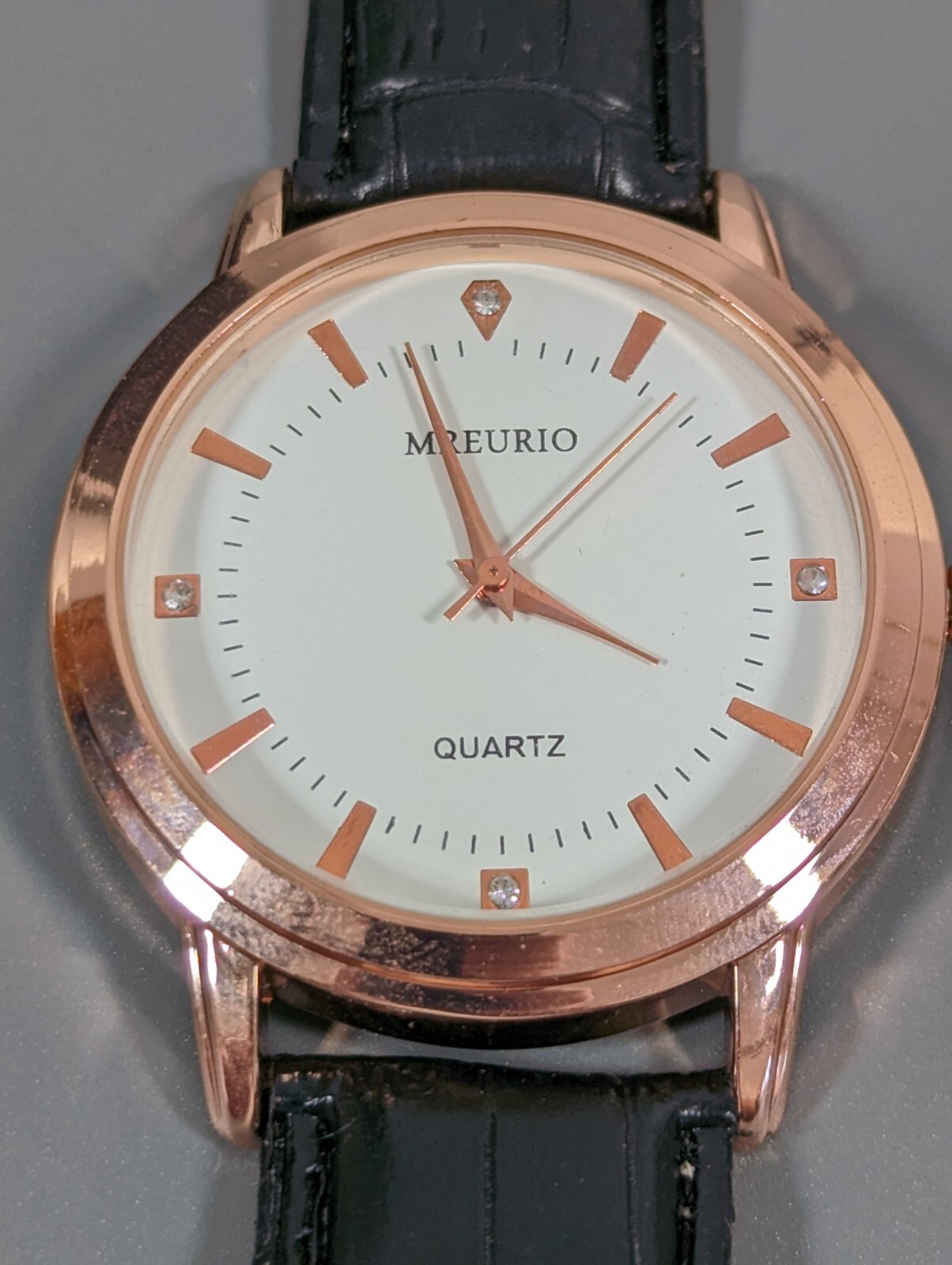 Mreurio White Dial Round Gold Tone Case Black Faux Leather Band Watch