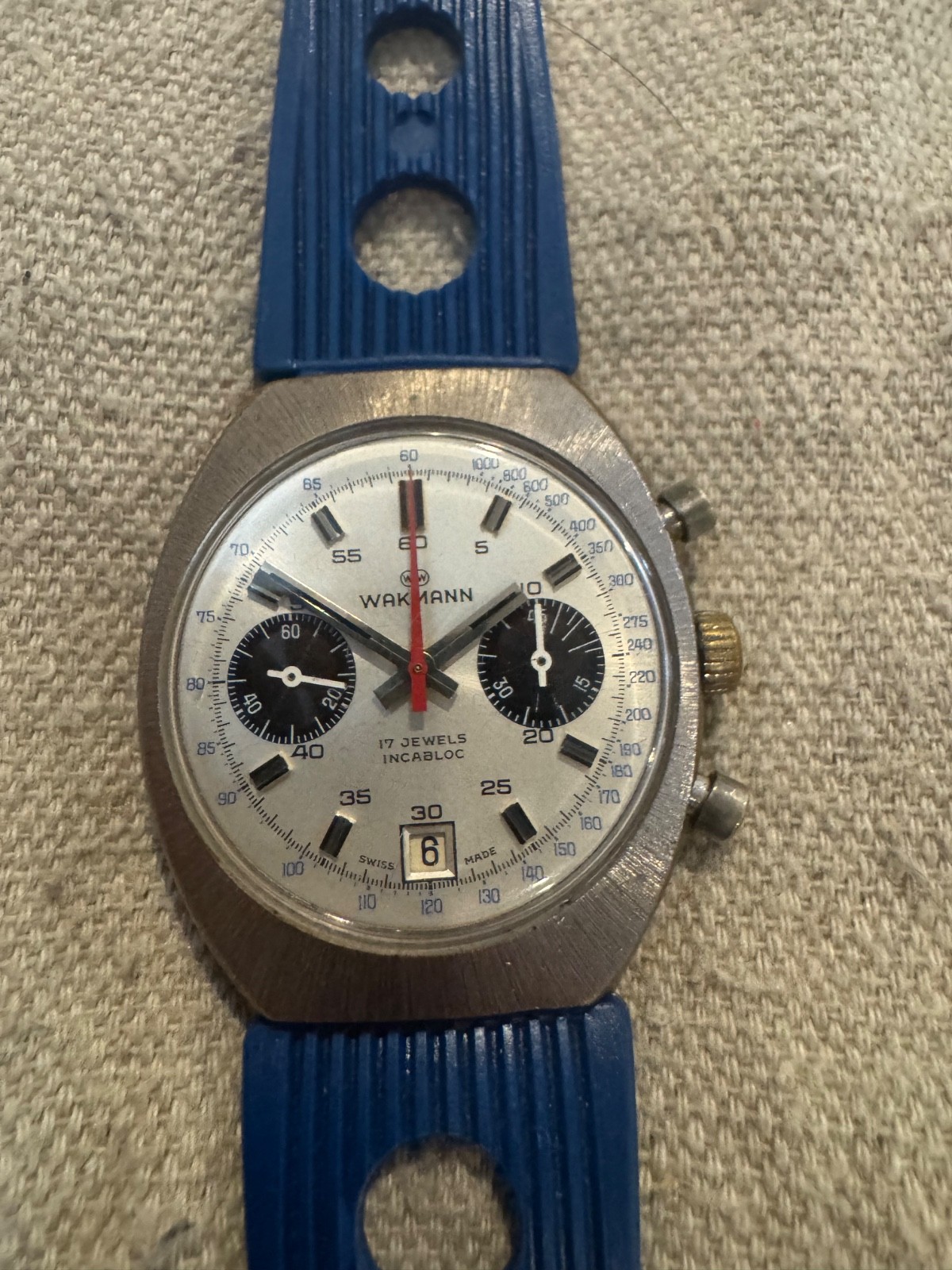 Vintage Wakmann panda chronograph date 7734 mechanical swiss made timepiece