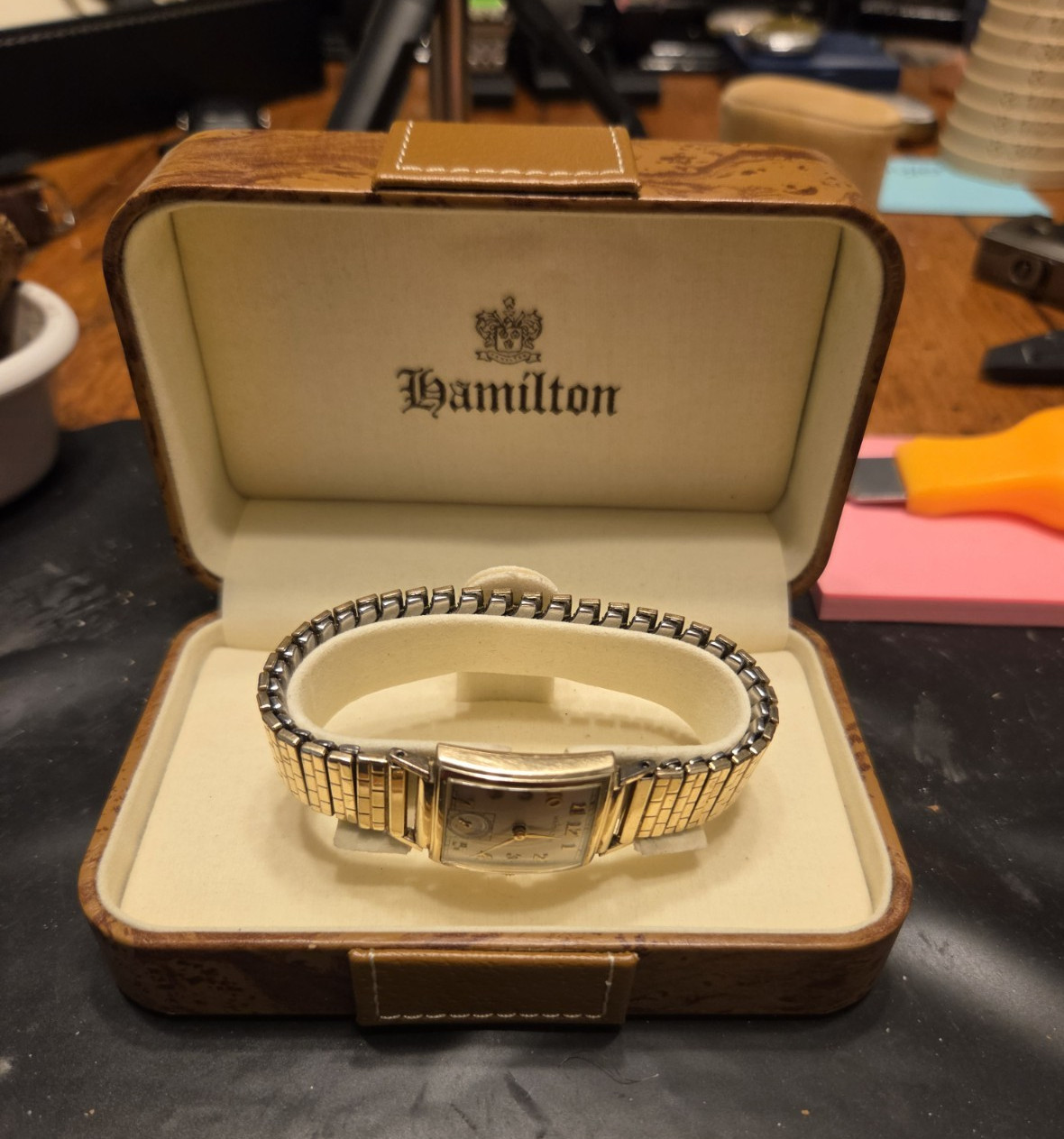 1940s Mens Hamilton Tank Manual Wind 14K GF Watch w/ Box