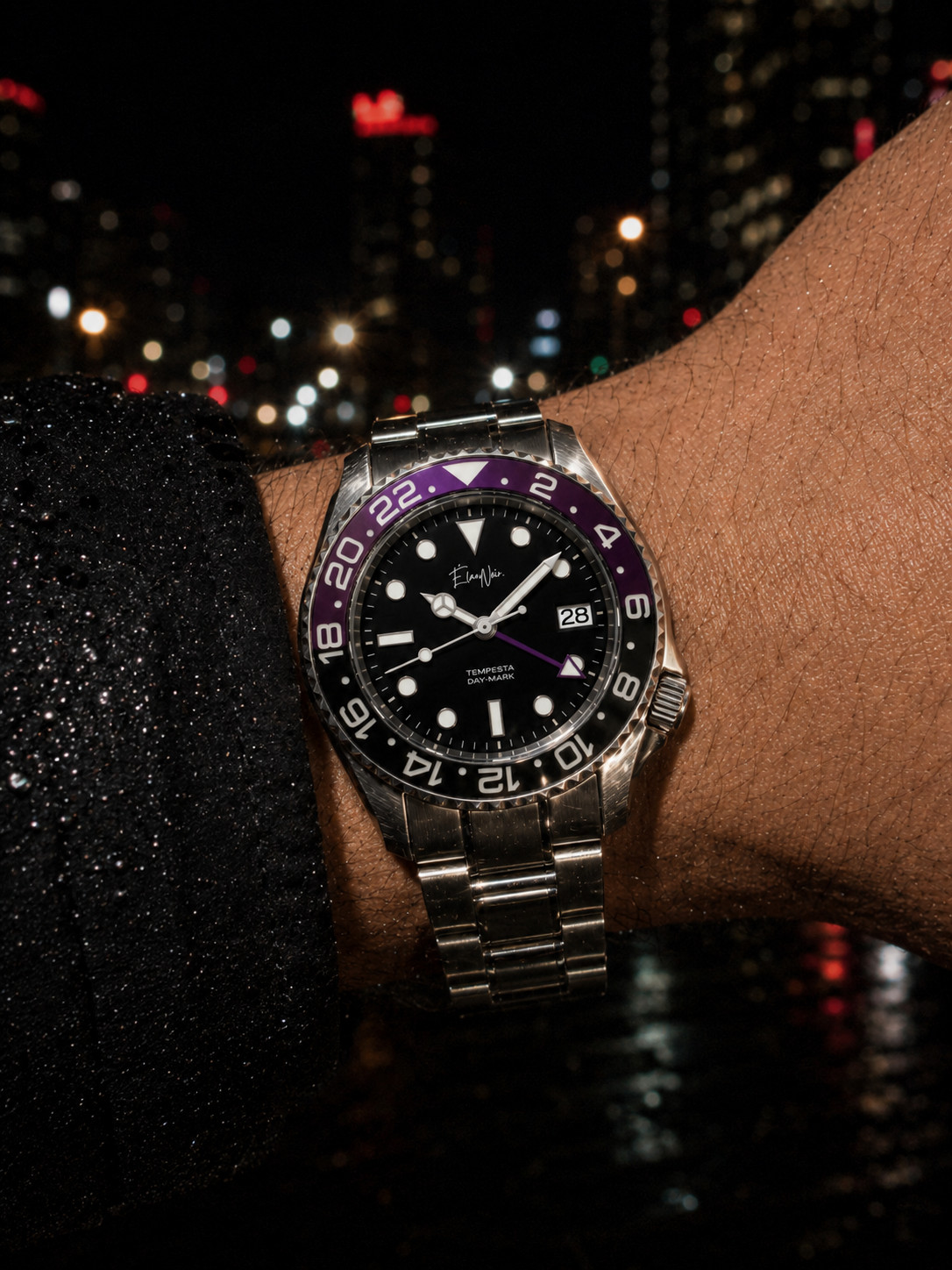 Custom Élan Noir Tempesta GMT Automatic Watch 41mm Steel Black Dial Purple Bezel