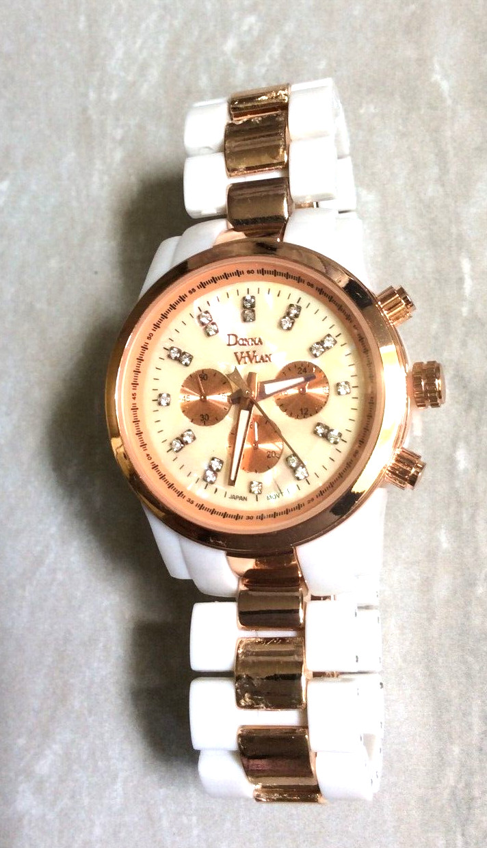 Donna Vivian Women’s Watch Round Pearl Dial Crystal Hours Rose Gold & White Band