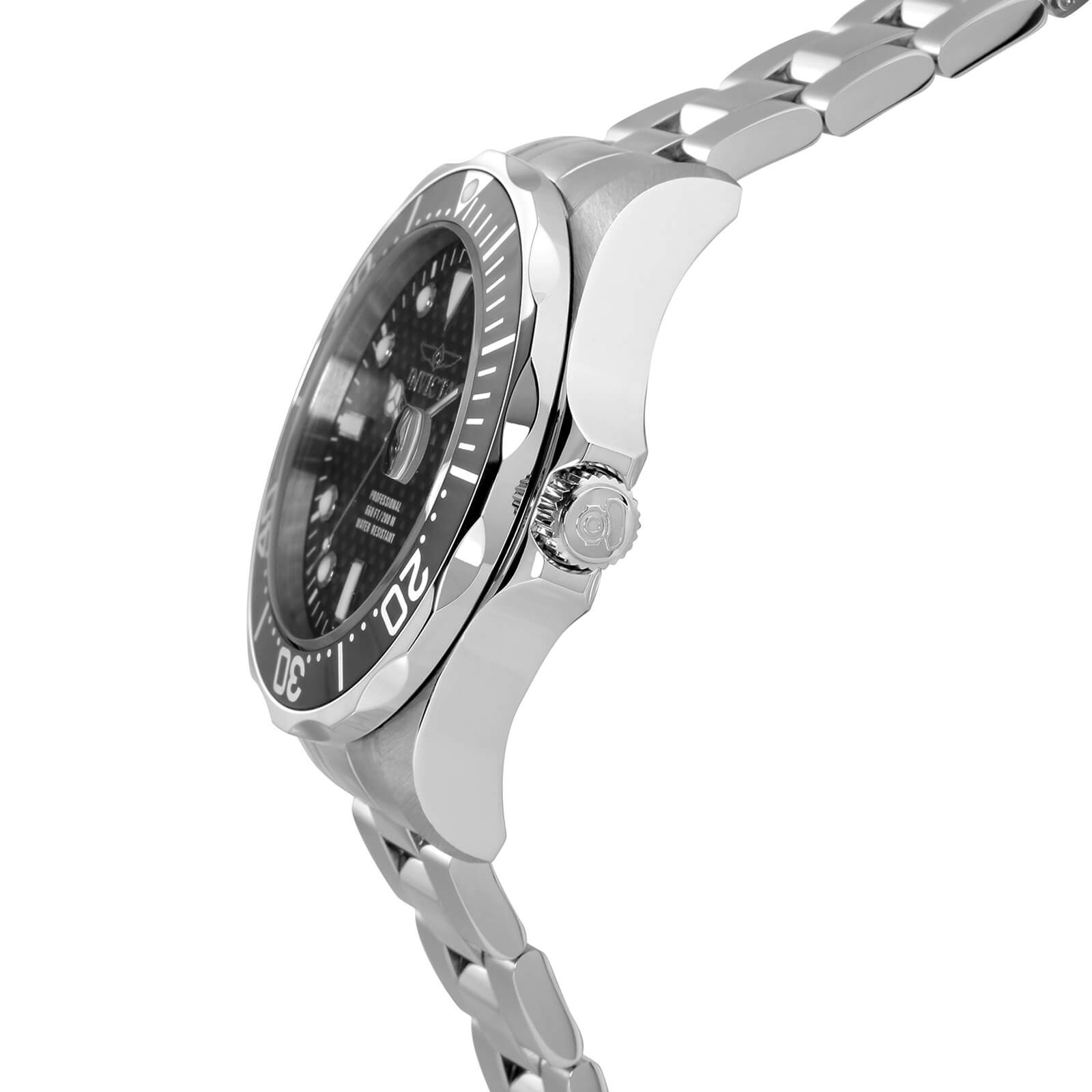 Invicta Men’s Watch Pro Diver Silver SS Bracelet Black Carbon Fiber Dial 12562