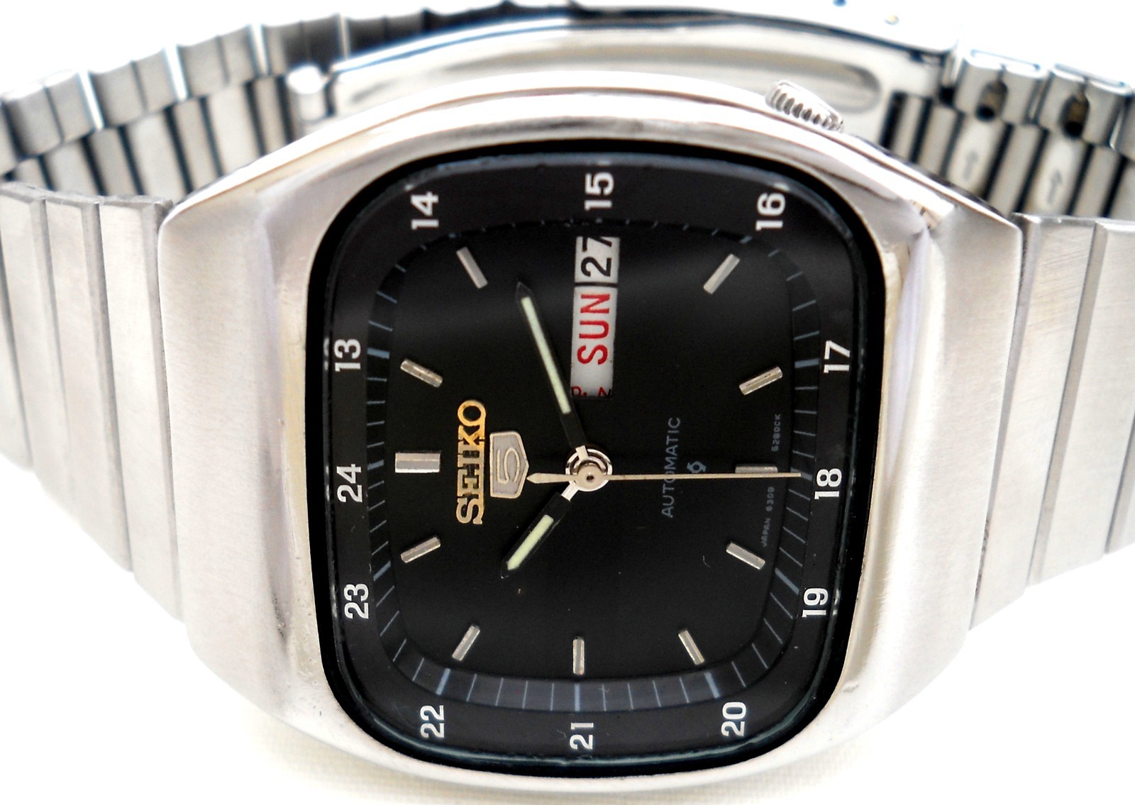 Vintage Seiko 5 Automatic Watch Black Military Dial 6309 TV Screen Case
