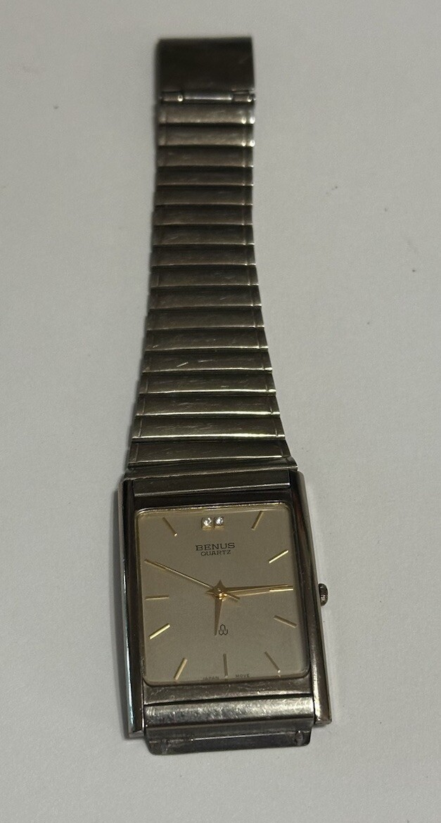 Rectangular Gold-tone Benrus Diamond Quartz Watch for Men or Women- Working