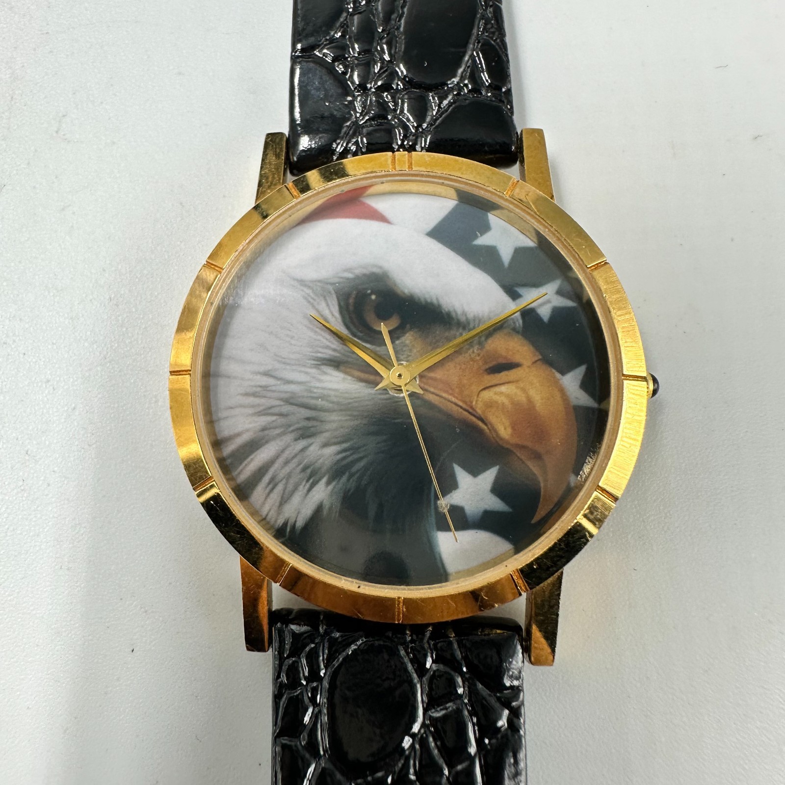 Bald Eagle Watch Men Gold Tone American Flag Black Leather Band New Battery 9.5″