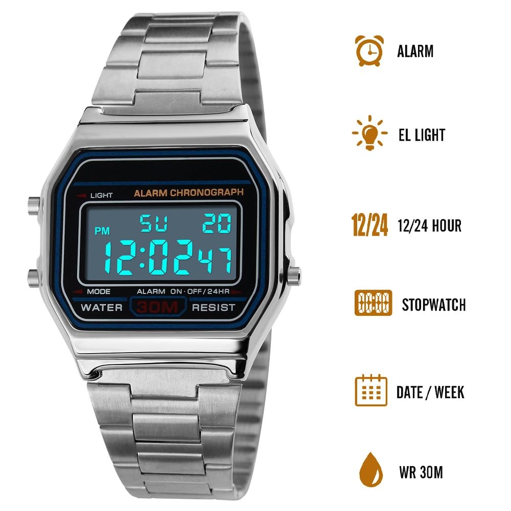 Men Lady Vintage Retro Gold Stainless Steel Digital Casual Watch Alarm Stopwa…