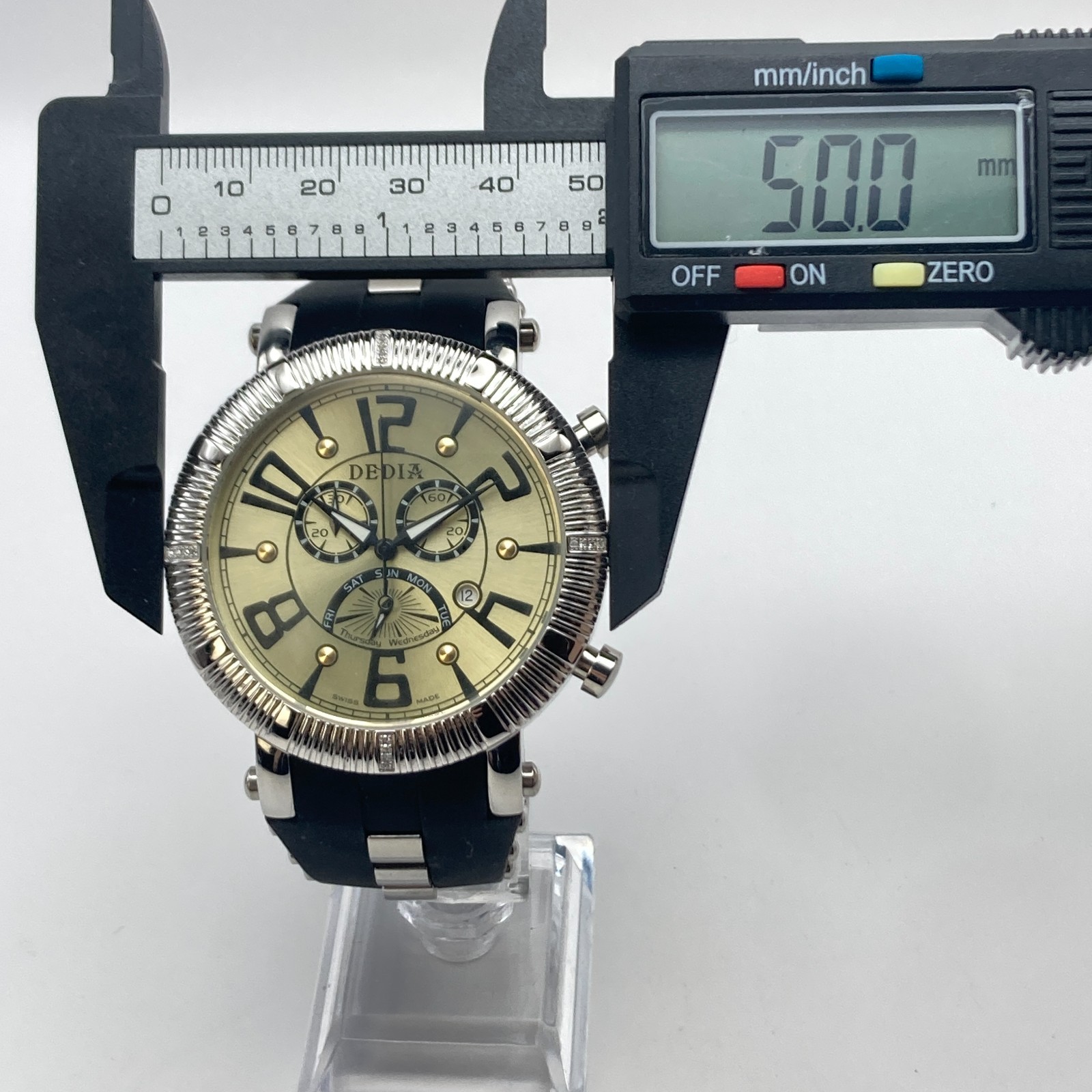 Dedia Men’s Chronograph Watch NEEDS REPAIR 50mm Silver Tone Swiss Made Date 9.5″