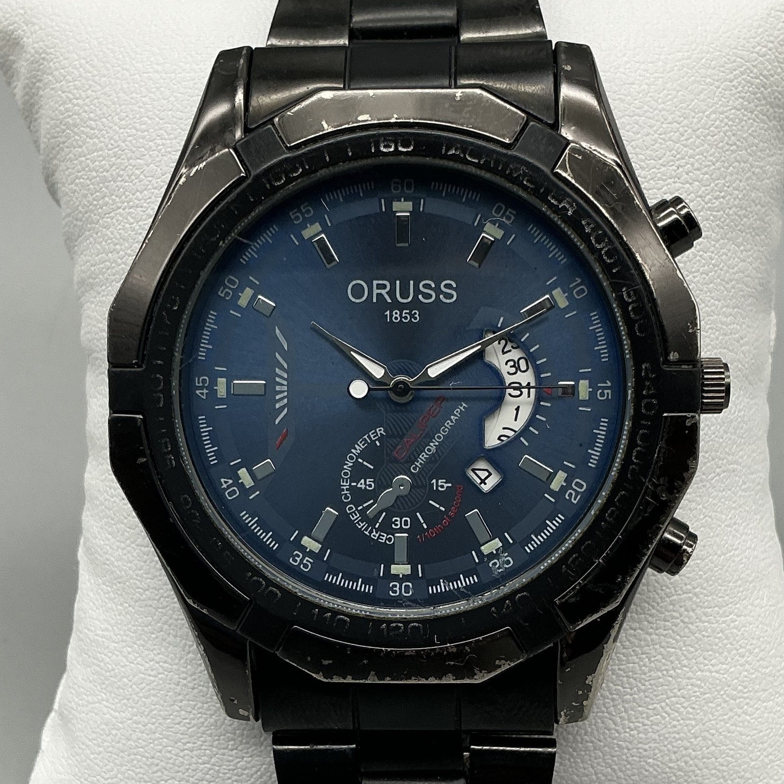 ORUSS 1853 Mens Watch 46mm Blue Dial Gunmetal Date Chronograph New Battery 8.5″