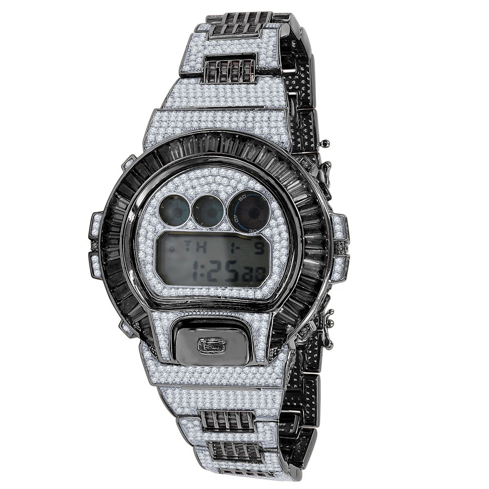 2 Tone Black Gold VVS1/D 22.77 Ctw. Baguette Cut Zirconia G-Shock DW6900 Watch