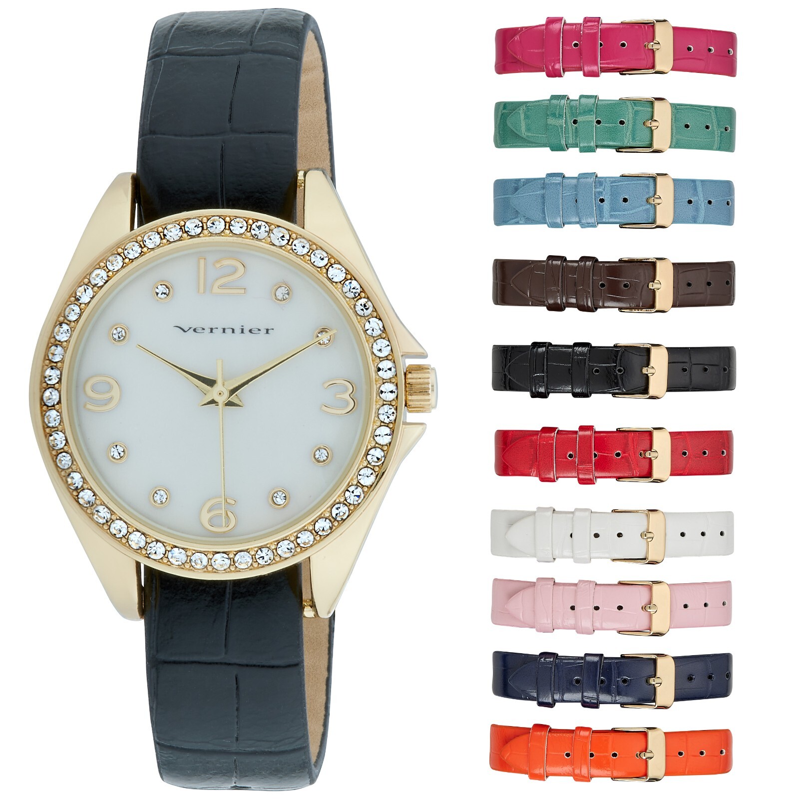 Vernier Women’s Crystal Bezel Round Watch 10 Vegan Strap Watch