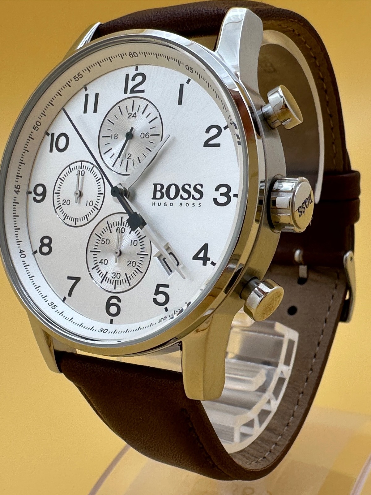 HUGO BOSS HB1513495 Navigator SILVER Dial Brown Leather Chrono Mens Watch