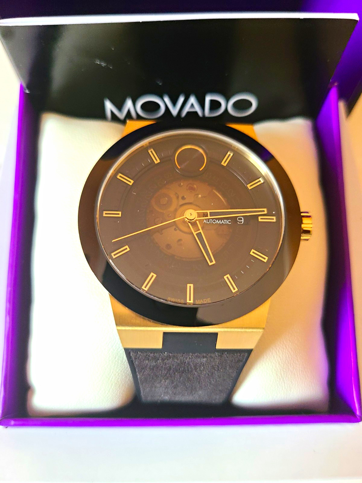 Movado Bold Fusion Automatic Men’s Wristwatch Black Dial Gold Tone Case Leather