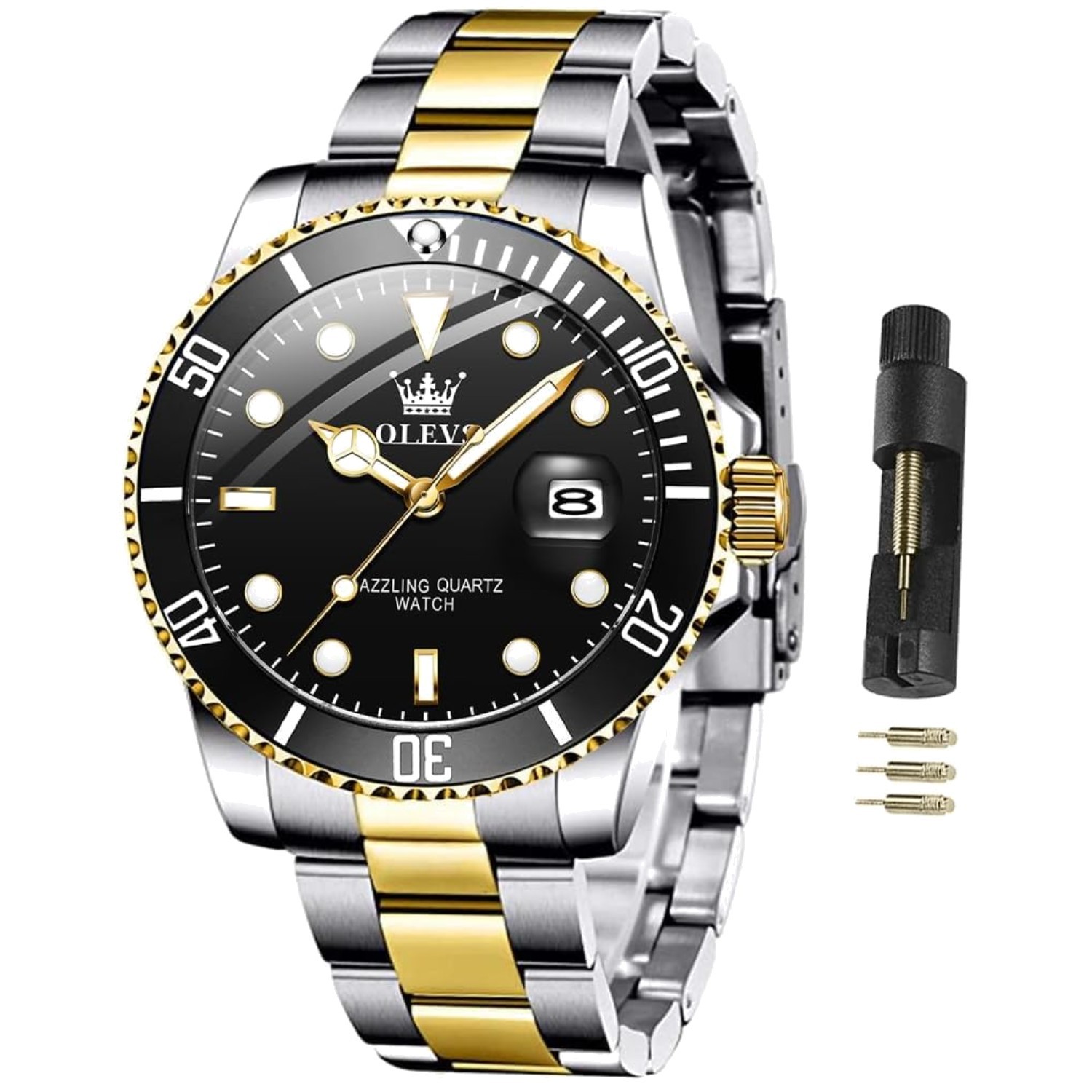 Stainless Steel Two-Tone Men’s Watch – Big Face with Date, Waterproof & Luminous
