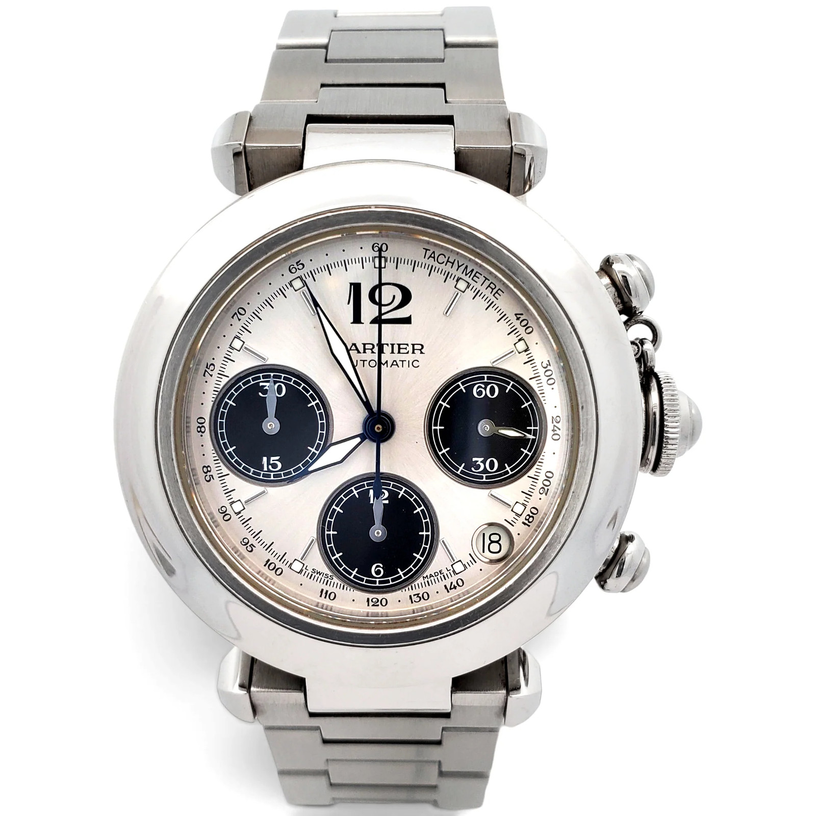 Cartier Pasha C 36mm Silver Panda Dial Chronograph Steel 2412 W31048M7 Watch