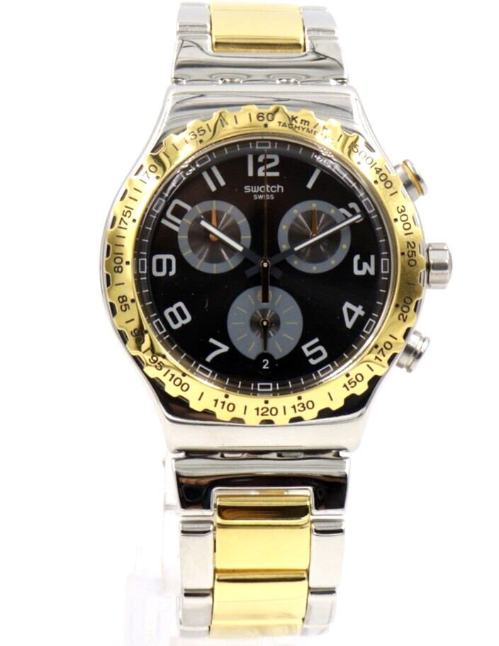 New Swiss Swatch Irony Golden Youth Chronograph Men Watch 44mm YVS427G $235