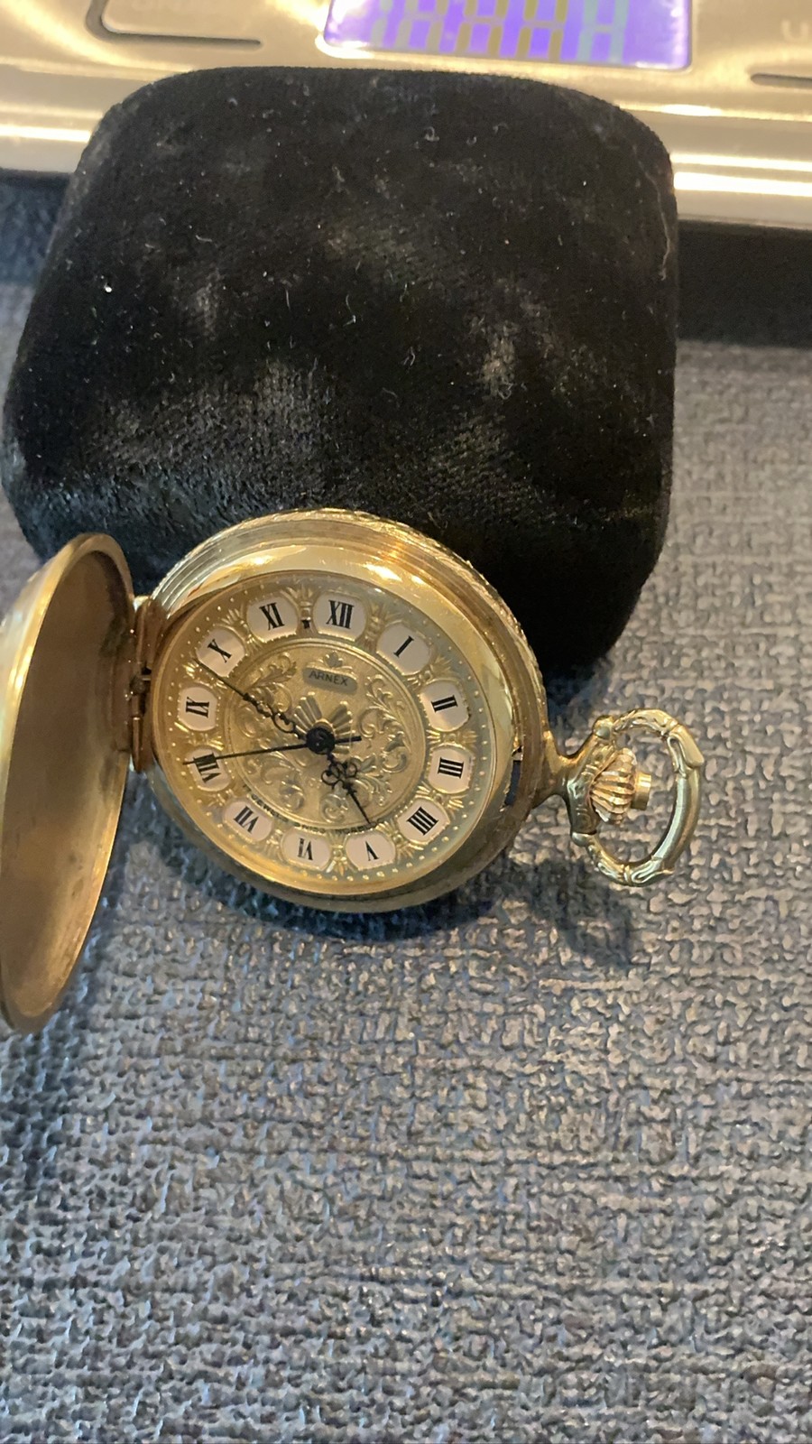 Arnex Gold Tone Swiss Hunter Case Pocket Watch Roman Numeral Dial