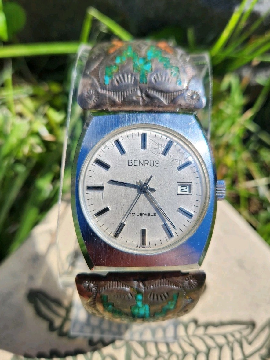 Vtg 1970’s Benrus Men’s 35mm Watch w/Navajo DUN Sterling Silver Turquoise Coral!