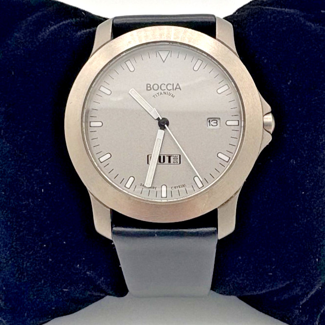 Boccia Titanium Mens Watch Day Date Sapphire Crystal 10 Bar Leather Band