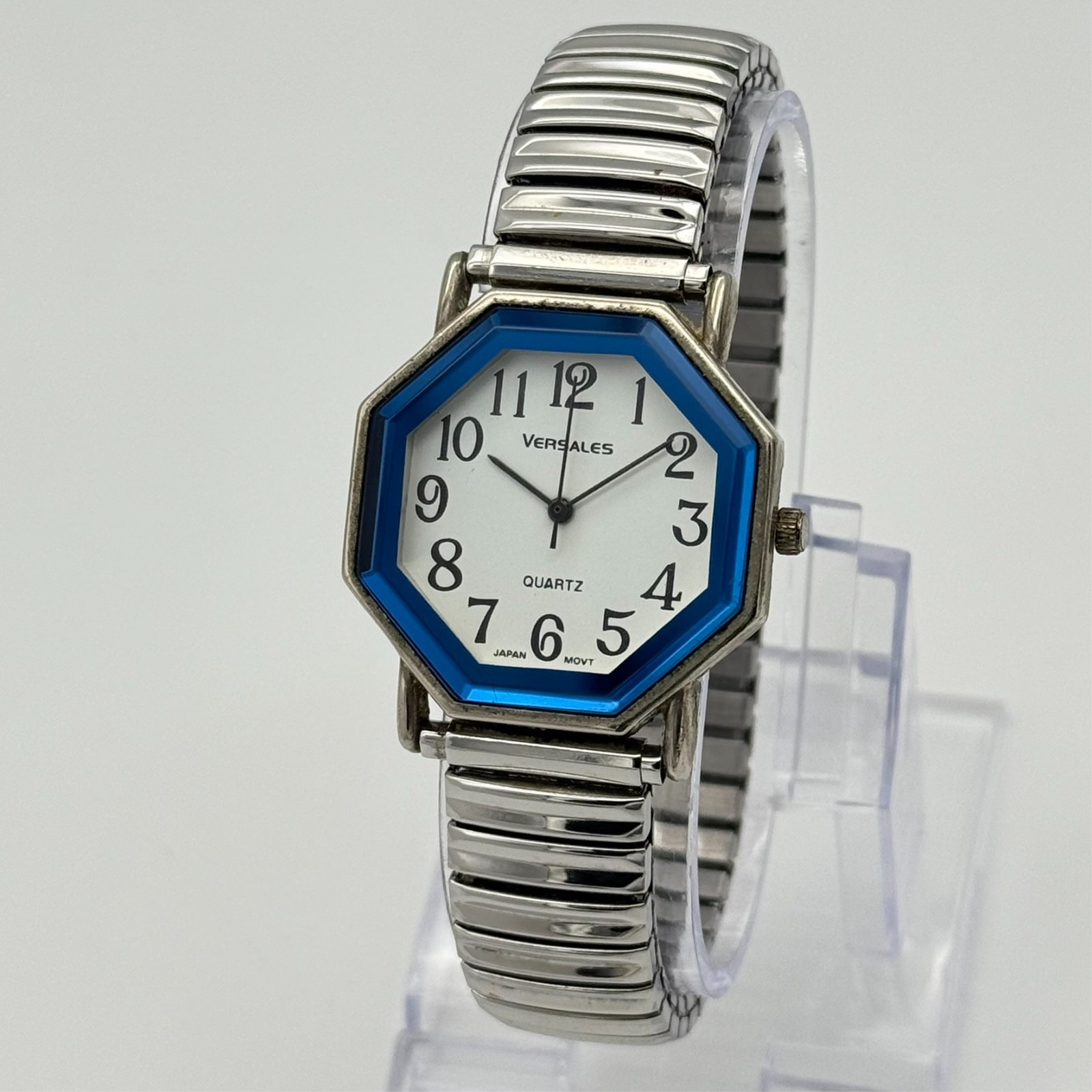 Vintage 1990s Women’s VERSALES Silver Tone Octagonal Watch, Blue Bezel Flex Band