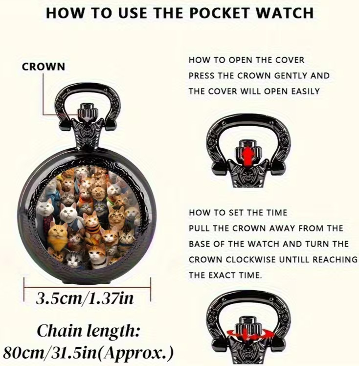 NEW 1.4″ CATS Galore! Black Quartz Pocket Watch & 31.5″ Necklace Chain 1.4″x0.6″