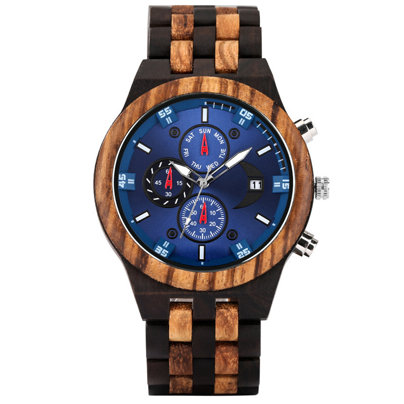 Natural Men’s Wooden Watch Chronograph Calendar Round Quartz Watches Fold Clasp