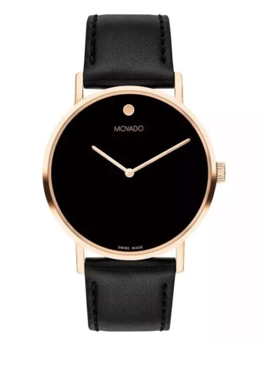 Brand New Movado Signature Men’s Rose Gold Black Leather Band Watch 0607742