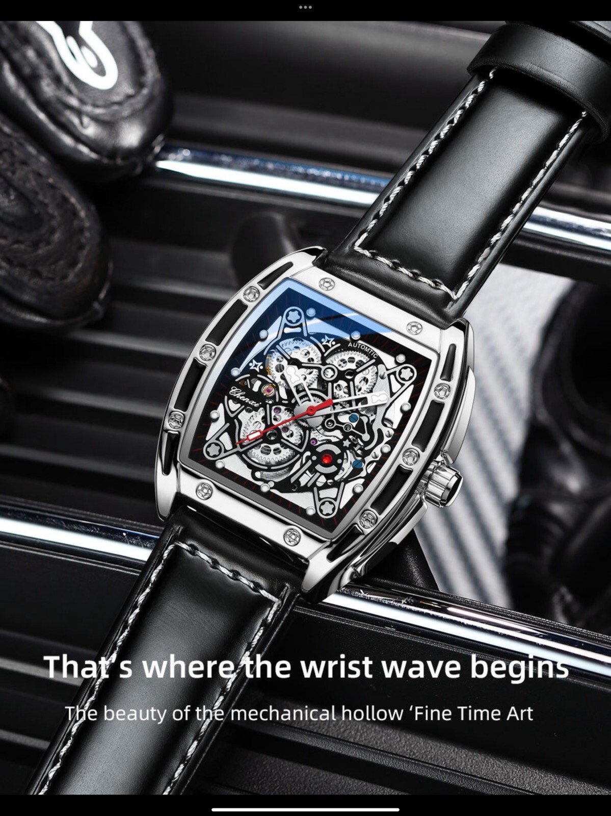 CHENXI Men’s Skeleton Automatic Mechanical Tonneau Shaped Watch Waterproof Gift