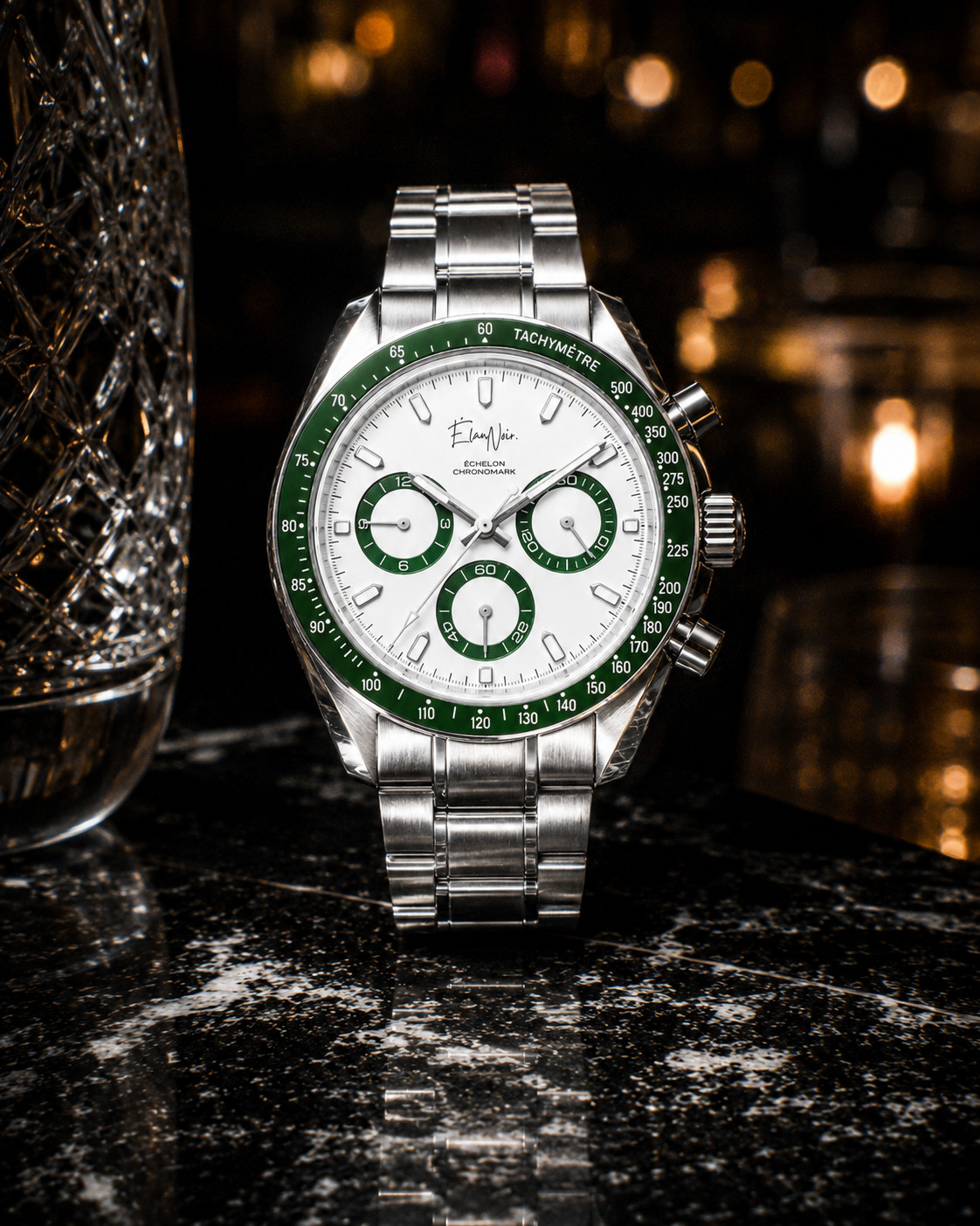 Élan Noir Chronograph Watch VK63 White & Green Dial Sapphire Crystal Steel 40mm