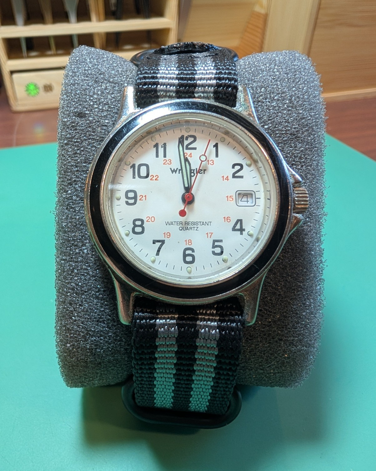 Wrangler Quartz Analog Watch Date Water-Resistant White Dial Black/Gray Nylon