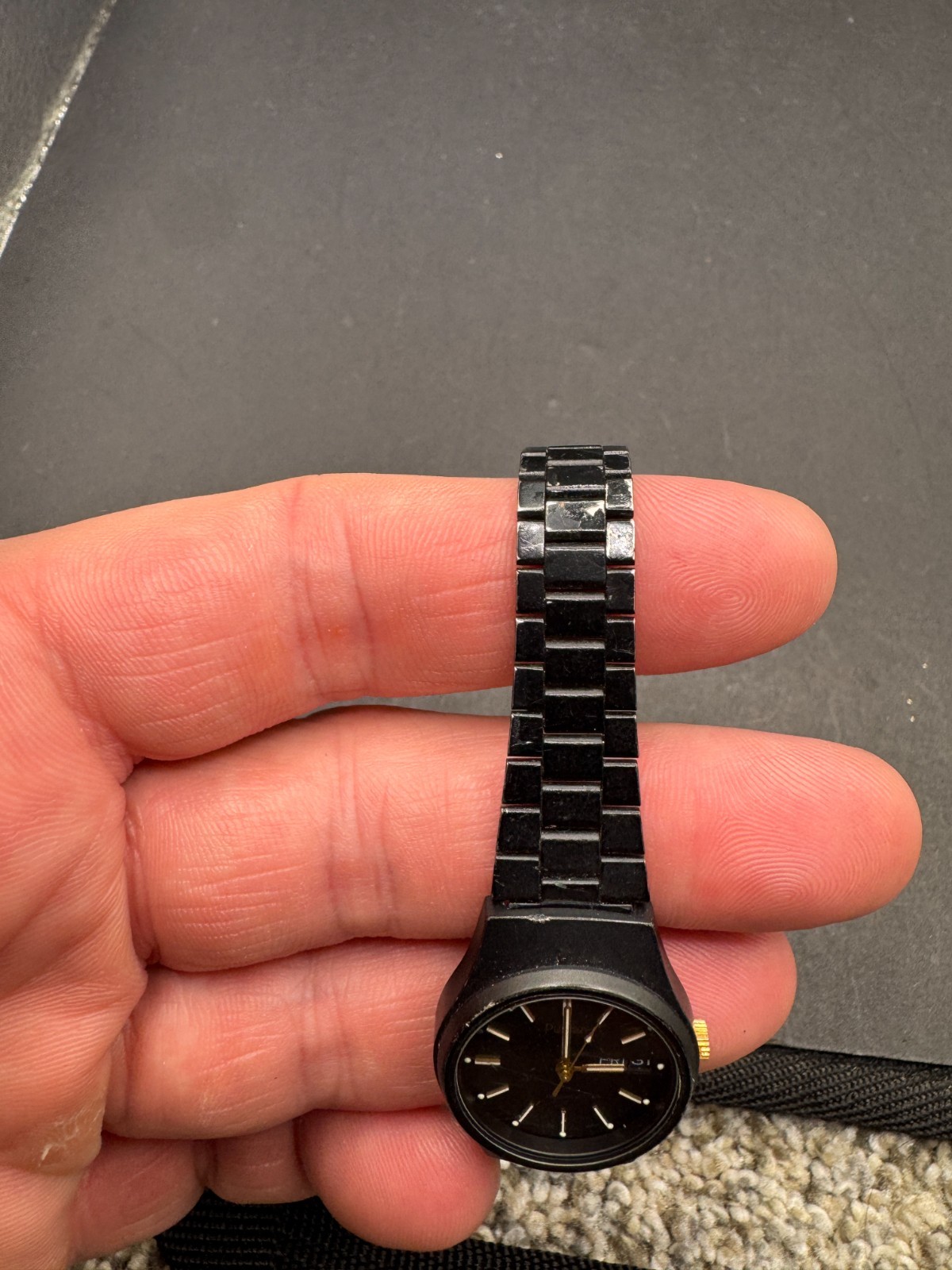 Vtg Pulsar Day Date Watch Black Dial Black Metal Band V248-0030 22.6mm