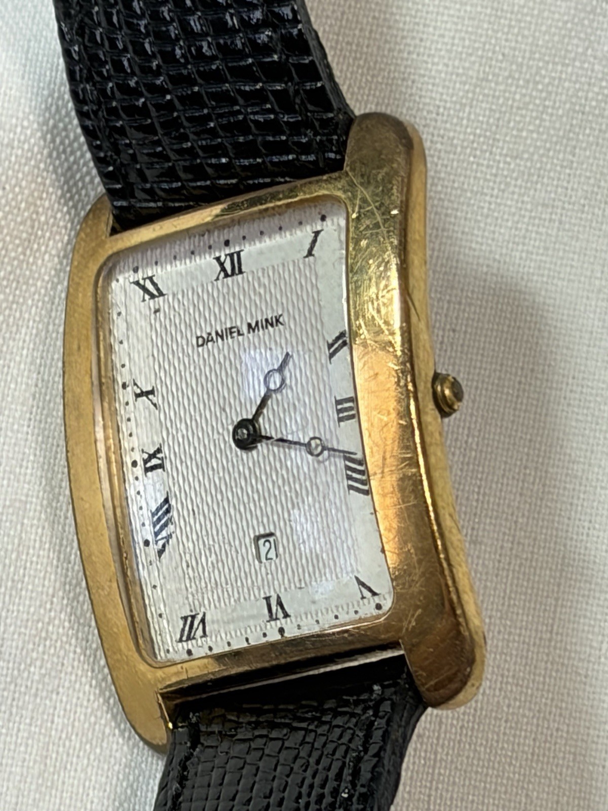 Vintage Daniel Mink Boutique 2310 Tank Watch Date Gold Plated Textured Dial