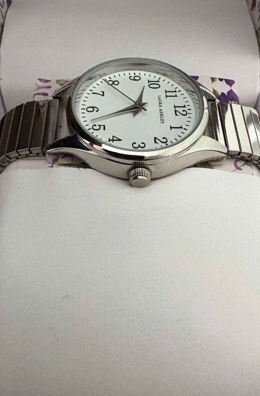 Laura Ashley Round Silver Expandable Watch New Never Worn Comes in Original Box