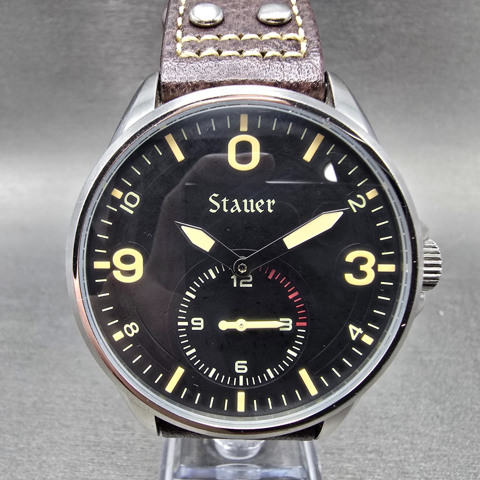 Stauer Midnight Aviator Watch Men 44mm Black Dial Steel 41026 New Battery