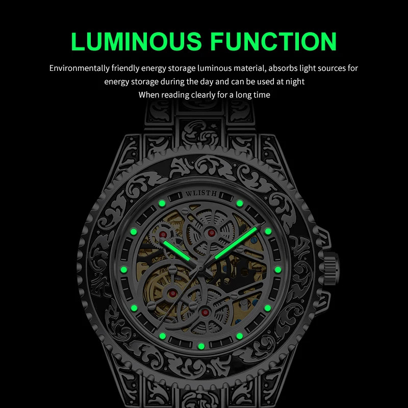 Automatic Mechanical Watch For Men Retro Luminous Stainless Steel Strap Reloj