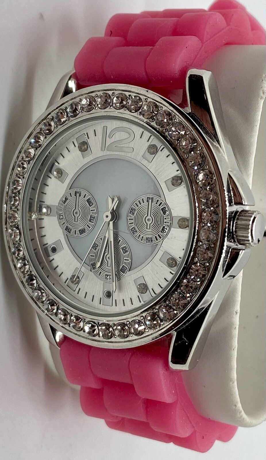 NEW ACCUTIME Ladies Watch Fresh Battery Iced Silver Dial Faux Chrono Pink Band