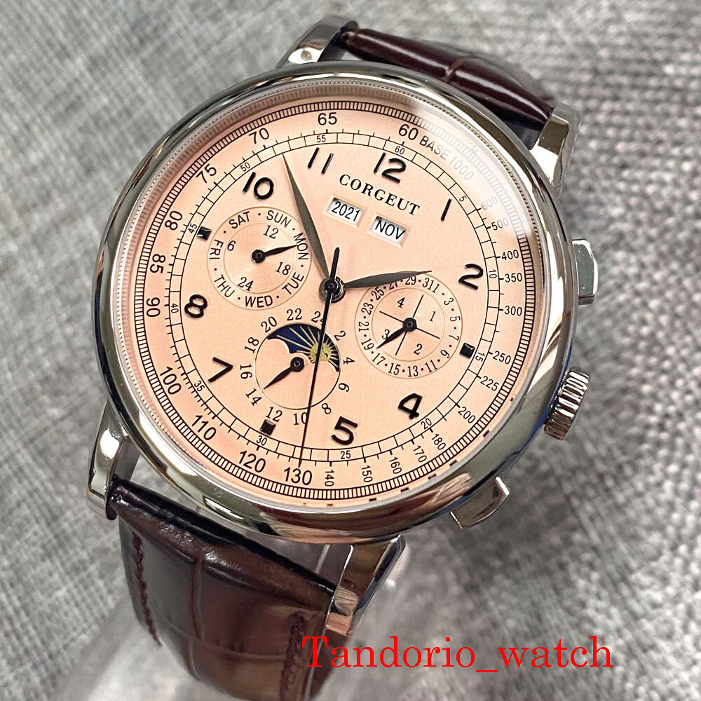 Corgeut 42mm Pink Dial Day Week Month Multifunction Automatic Mens Watch Leather