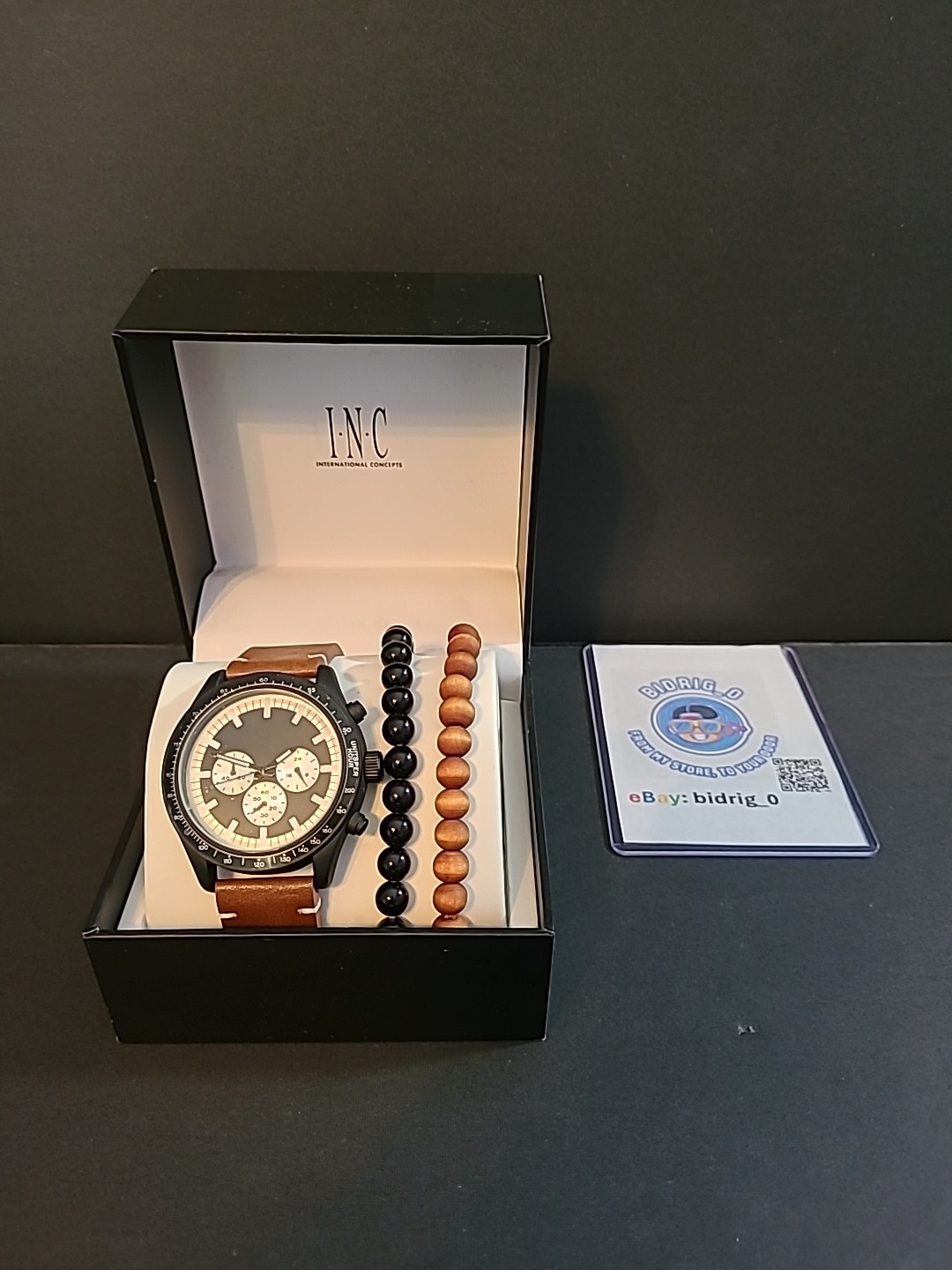 INC International Concepts Men’s Brown Leather Strap Watch 48mm Gift Set