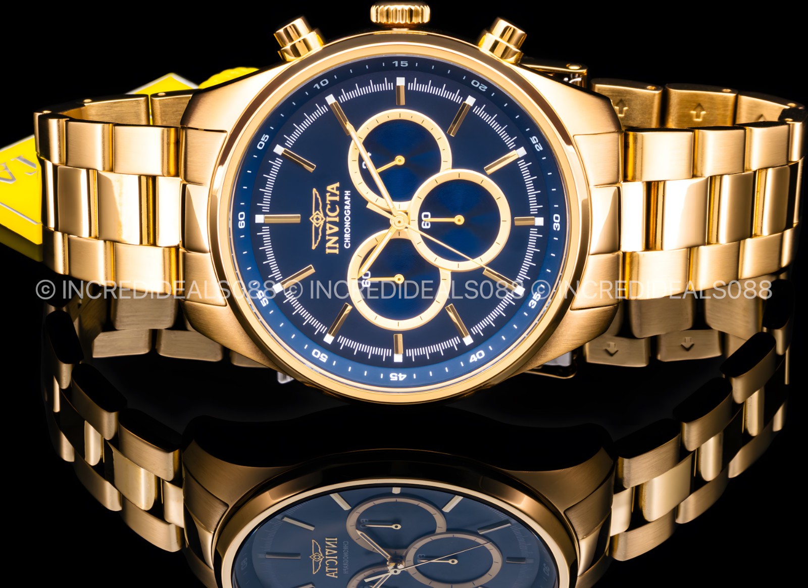 Invicta Mens SPECIALTY CHRONOGRAPH Blue 18K Gold Dial 48mm Bracelet Watch Reloj