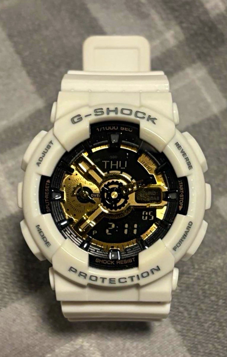 Casio G-SHOCK White Resin Analog-Digital Watch Black/Gold Dial 200m Shock